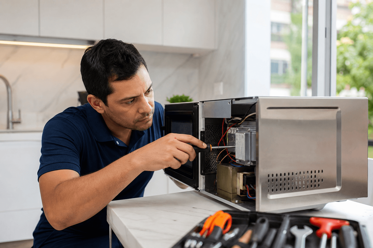 Técnico consertando micro-ondas a domicílio